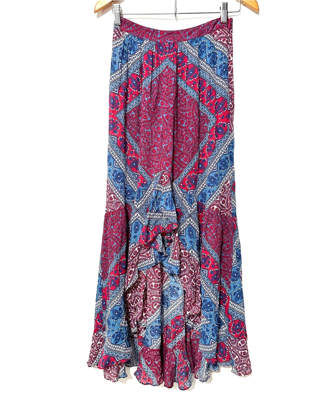 BA&SH Red and Blue Paisley ULA FRAMBOISE High-Low asymmetrical SKIRT Sz US 4